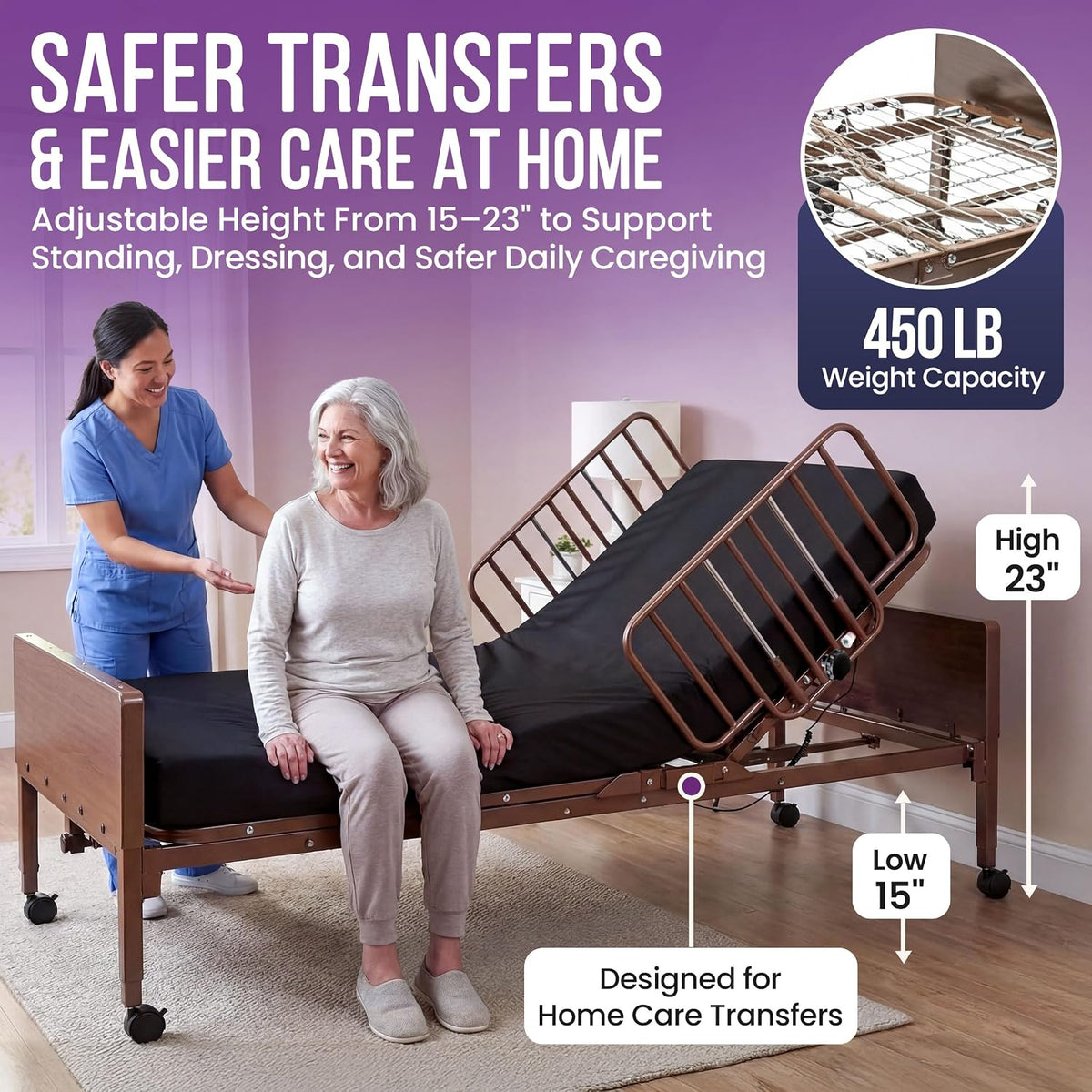 Full Electric Hospital Bed for Home Use with Foam Mattress and Half Rails - Medical Bed for Long Term Care and