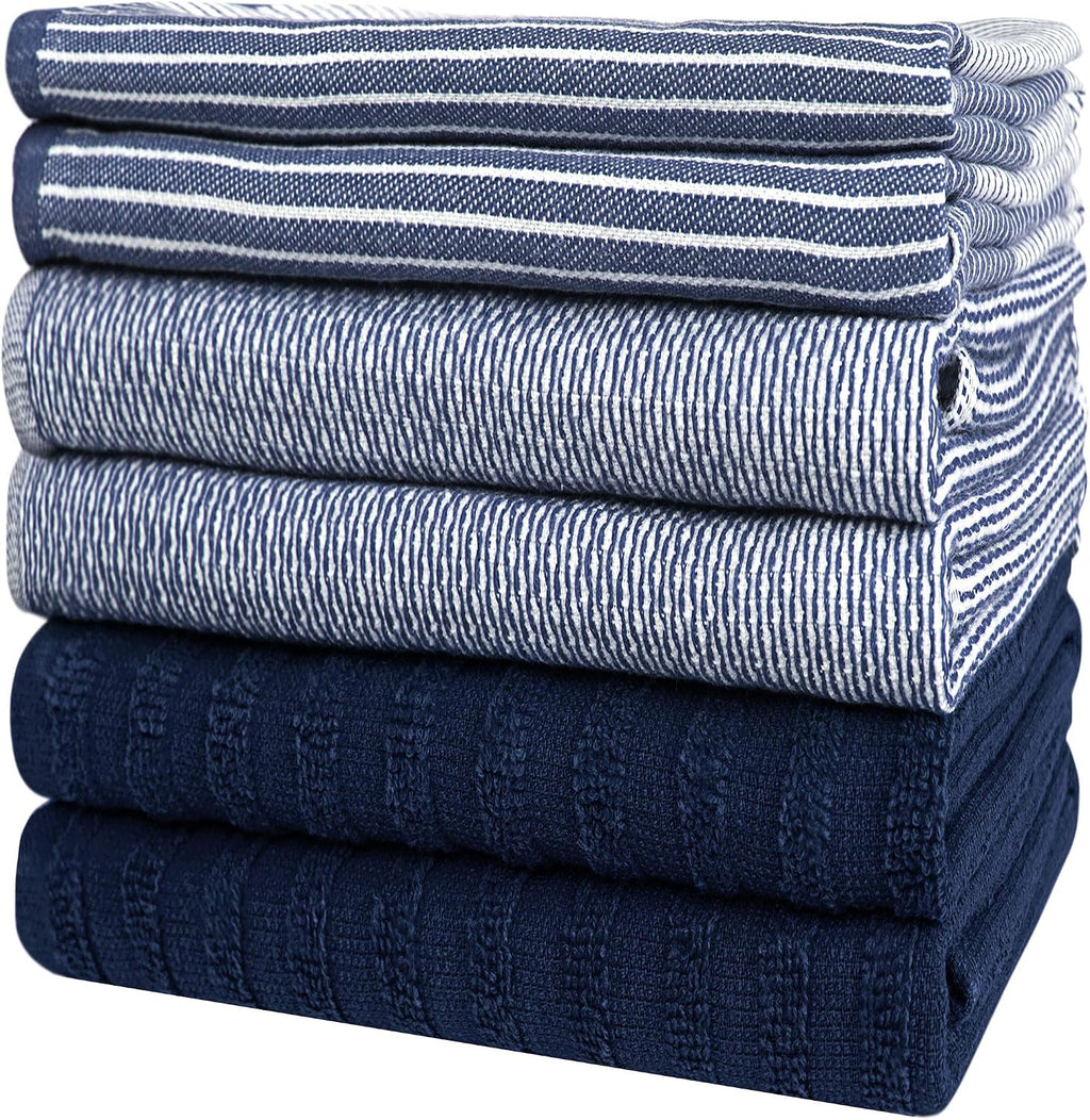 Premium Kitchen Towels 6 Pack 100% Cotton, 20"x28" Dish Towels - Navy Blue | Large Flat & Terry Kitchen Linen Set