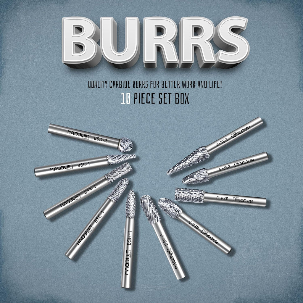 10Pcs Carbide Burr Set 1/4" Shank Double Cut Rotary File Tool