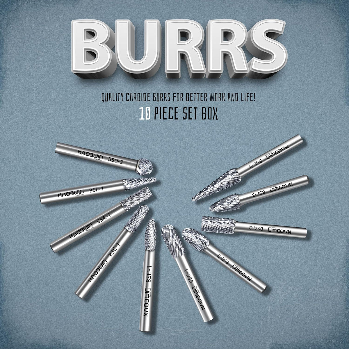 10Pcs Carbide Burr Set 1/4" Shank Double Cut Rotary File Tool