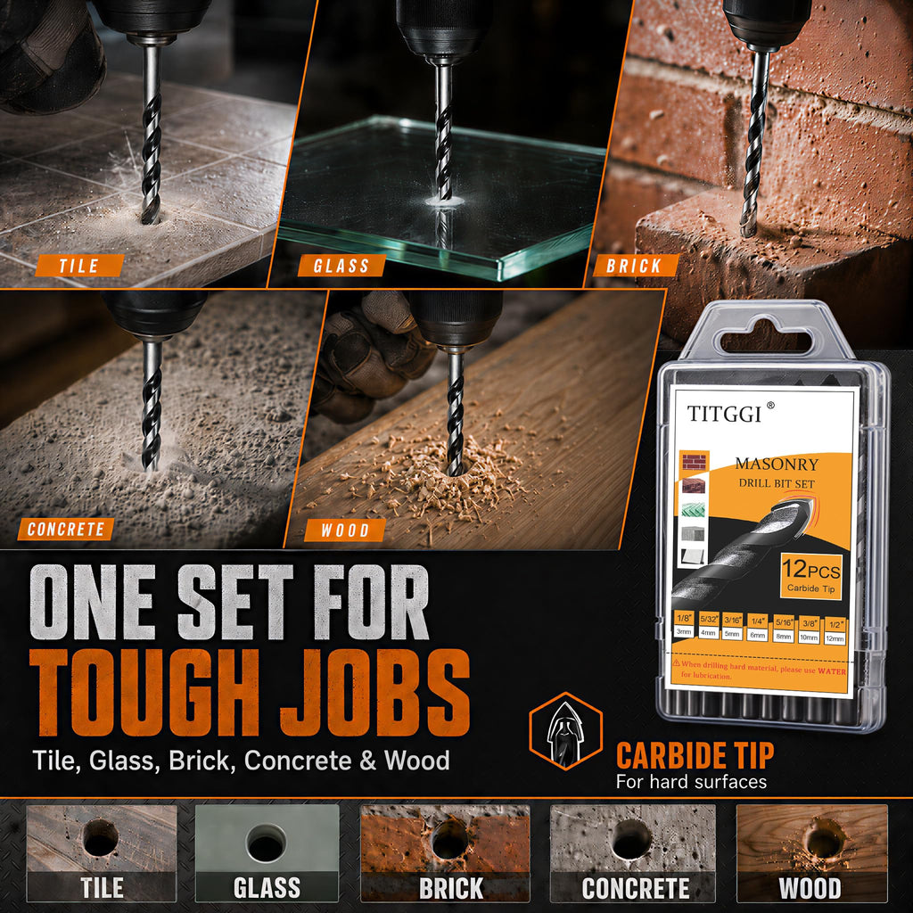 12-Piece Masonry Drill Bit Set & Concrete Drill Bit Set, 7 Sizes, 1/8"-1/2"