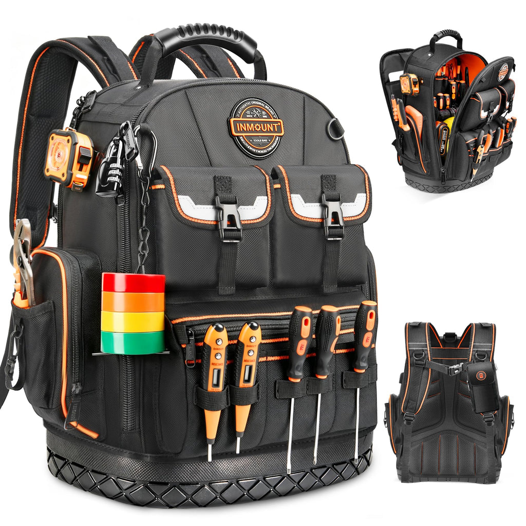 Tool Backpack Heavy Duty, 18.5 in, 56 Pockets, Molded Bottom, Black