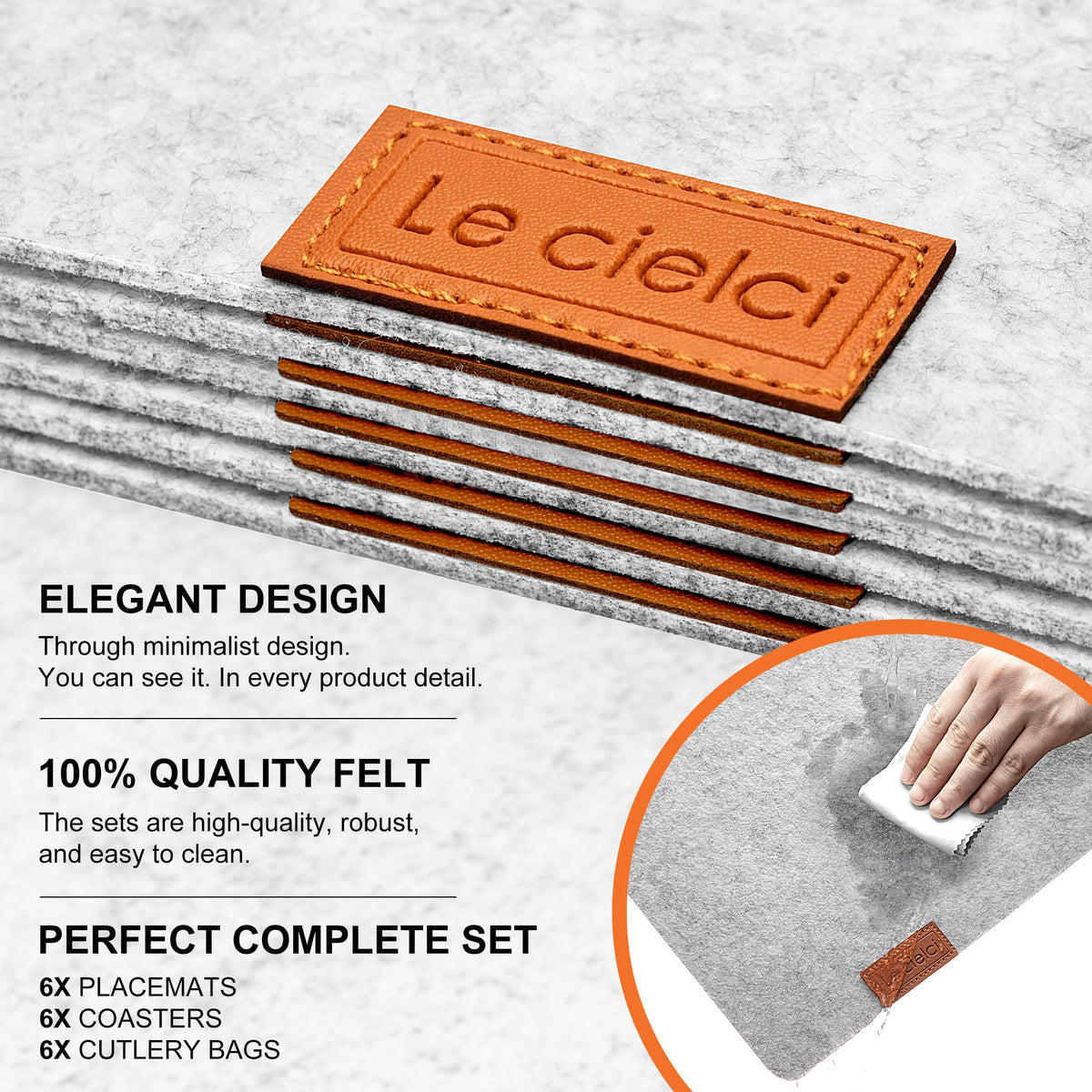 6 Placemats, 6 Coasters & 6 Cutlery Bags, Light Gray Felt Table Mats