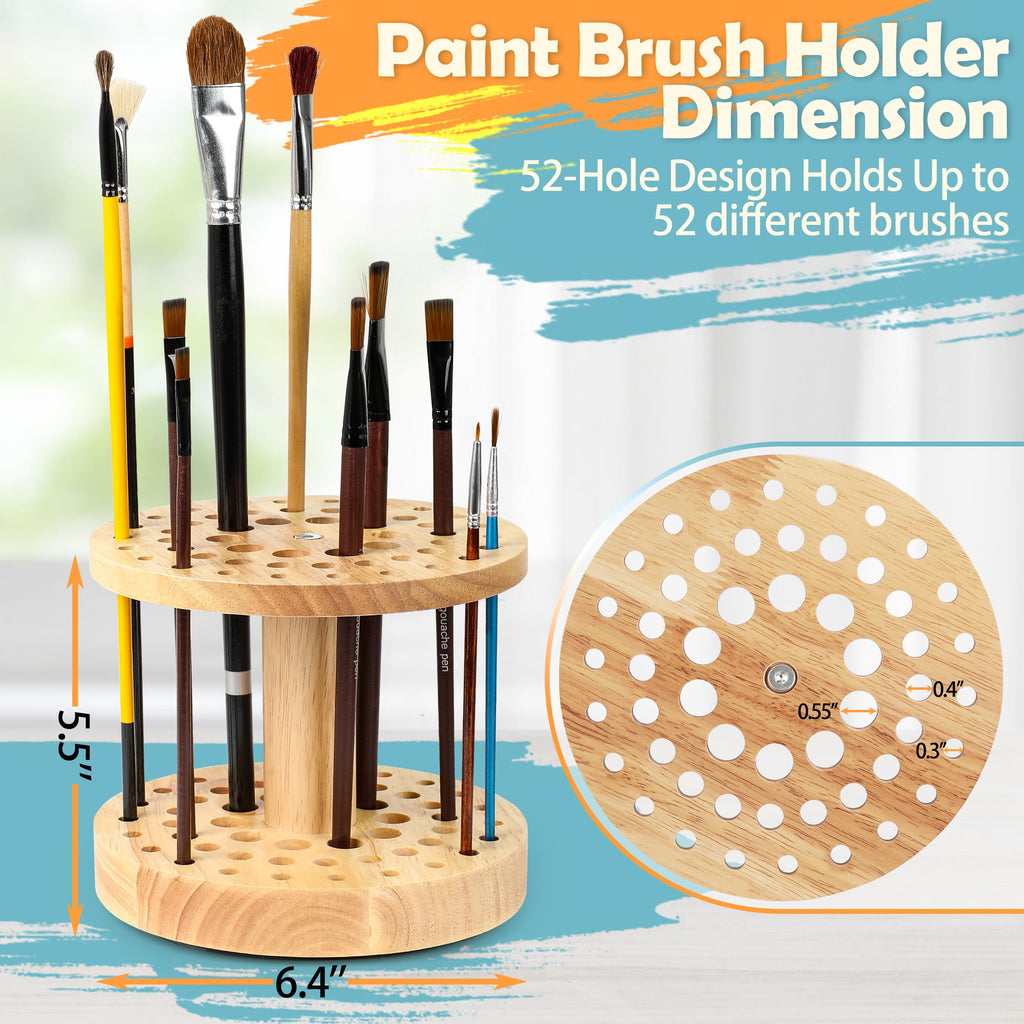 Dlicoda 52 Holes Paint Brush Holder, 360° Rotating Paint Brush Organizer, Hardwood Storage Stand Rack for Artists Brushes, Crafts Tools, Makeup Brush, Calligraphy Pens