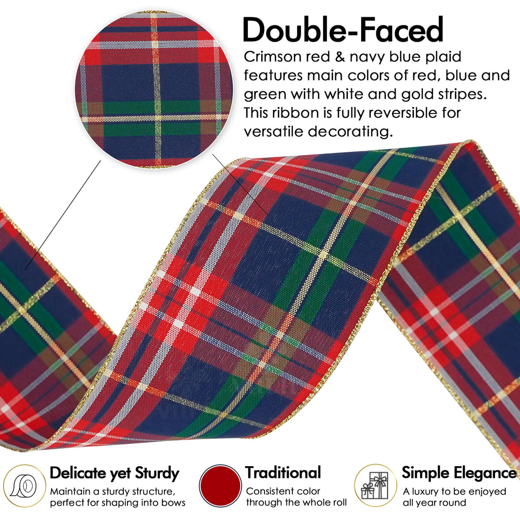 Tartan Plaid Wired Ribbon 2-1/2" Wide with 25 Yards Red Crimson & Navy Blue Scottish Plaid with Metallic Threads