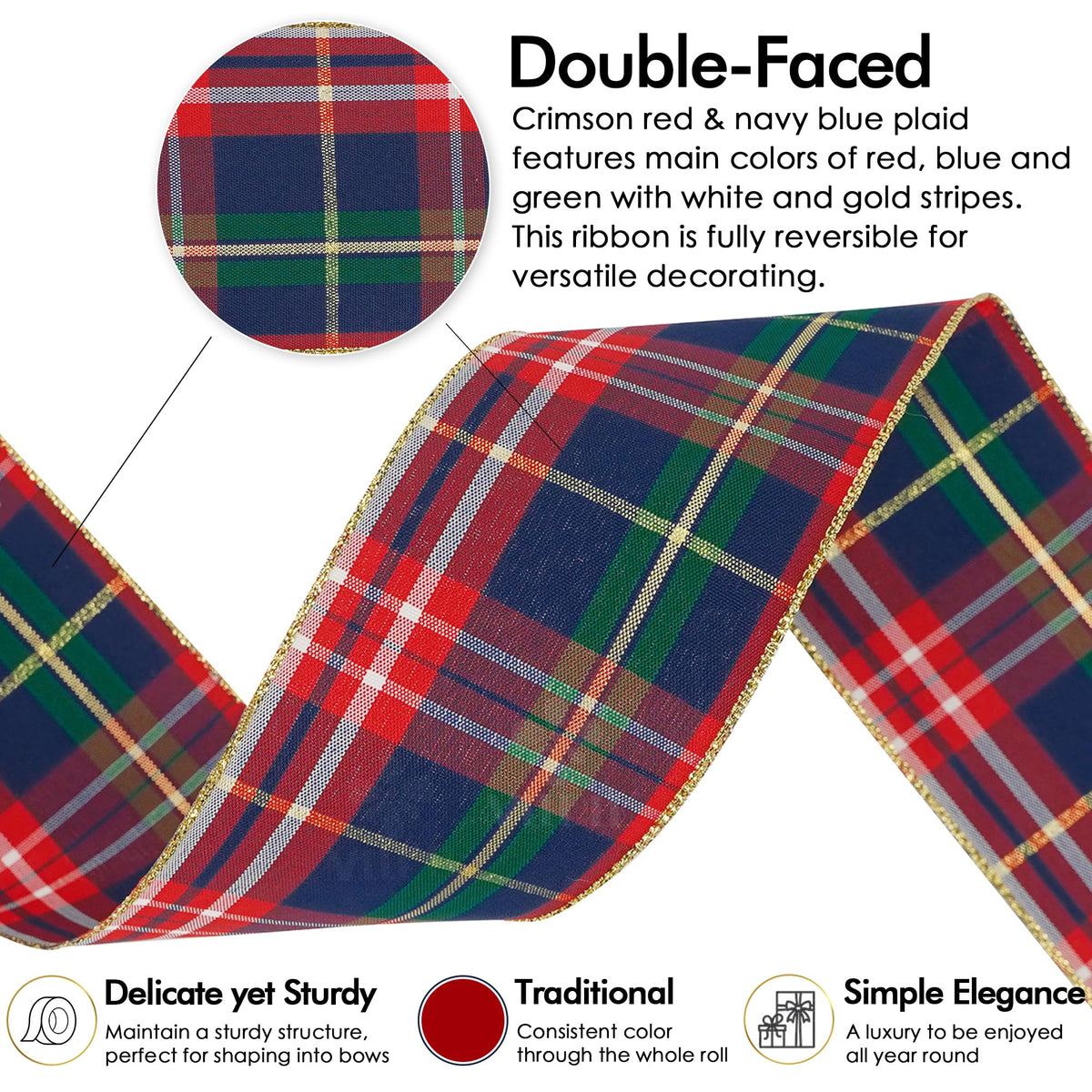 Tartan Plaid Wired Ribbon 2-1/2" Wide with 25 Yards Red Crimson & Navy Blue Scottish Plaid with Metallic Threads