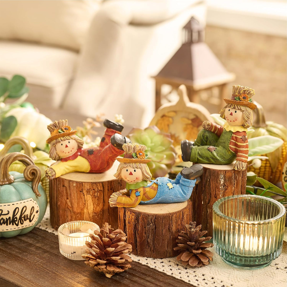 Scarecrow Fall Decorations for Home, 3 Pcs Fall Decor for Table Indoor Outdoor, Resin Thanksgiving Decorations Garden
