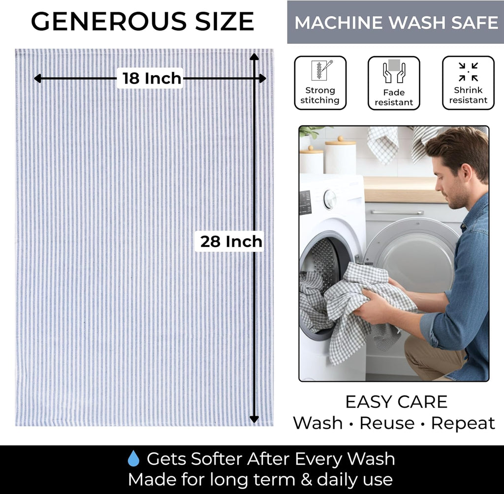 Cotton Dish Towels For Kitchen Drying - Highly Absorbent Light Gray Striped Gingham Plaid Tea Towels - 18"X28" Set Of