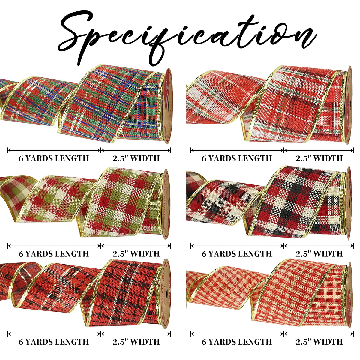 Buffalo Plaid Wired Christmas Ribbon 2.5 Inch, 6 Rolls 36 Yards, Plaid Ribbon for Trees, Wreath Bows, Garlands