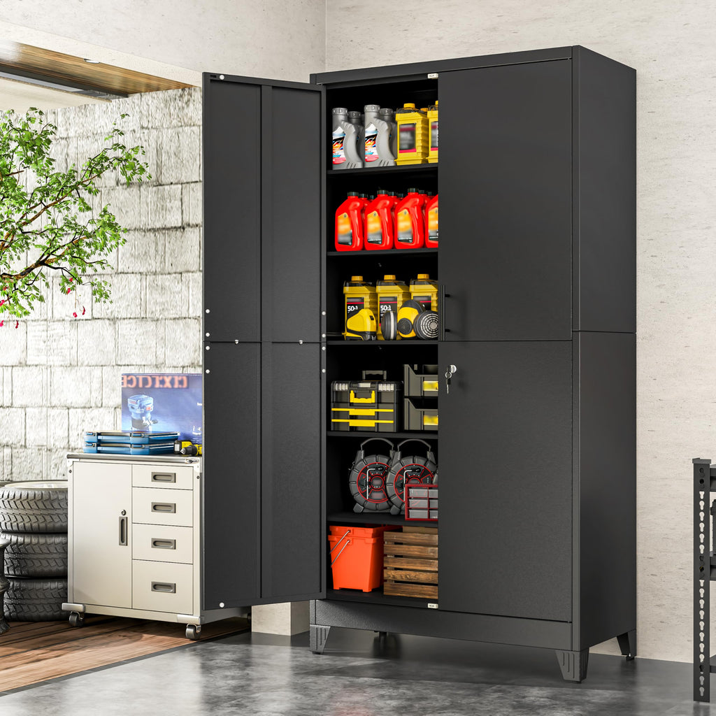 78.74" Metal Garage Storage Cabinet, Lockable Tall Tool Cabinet, Black