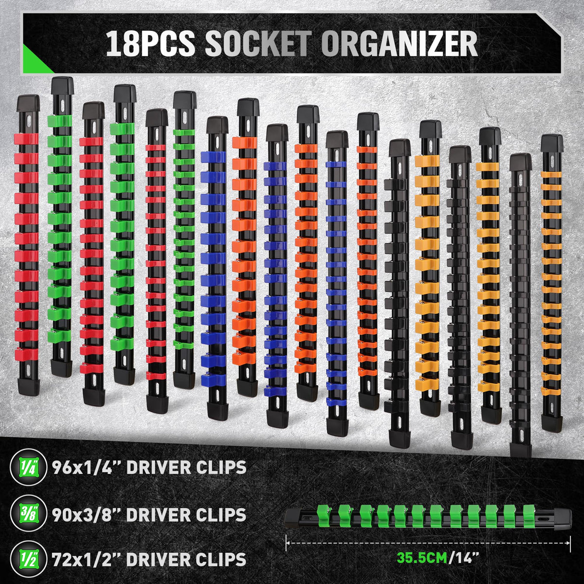 SWANLAKE Socket Organizer Set 18-Piece, 1/4-Inch x 96 Clips, 3/8-Inch x 90 Clips, 1/2-Inch x 72 Clips, Socket