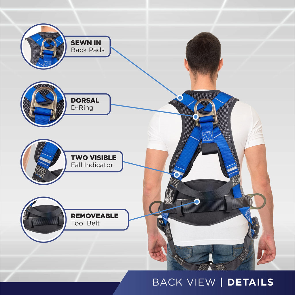 Hammerhead 5pt Safety Harness w/ 6' Single Leg Rebar Hook Safety Lanyard & D-Ring Extender (Blue SLKR - 3XLG)