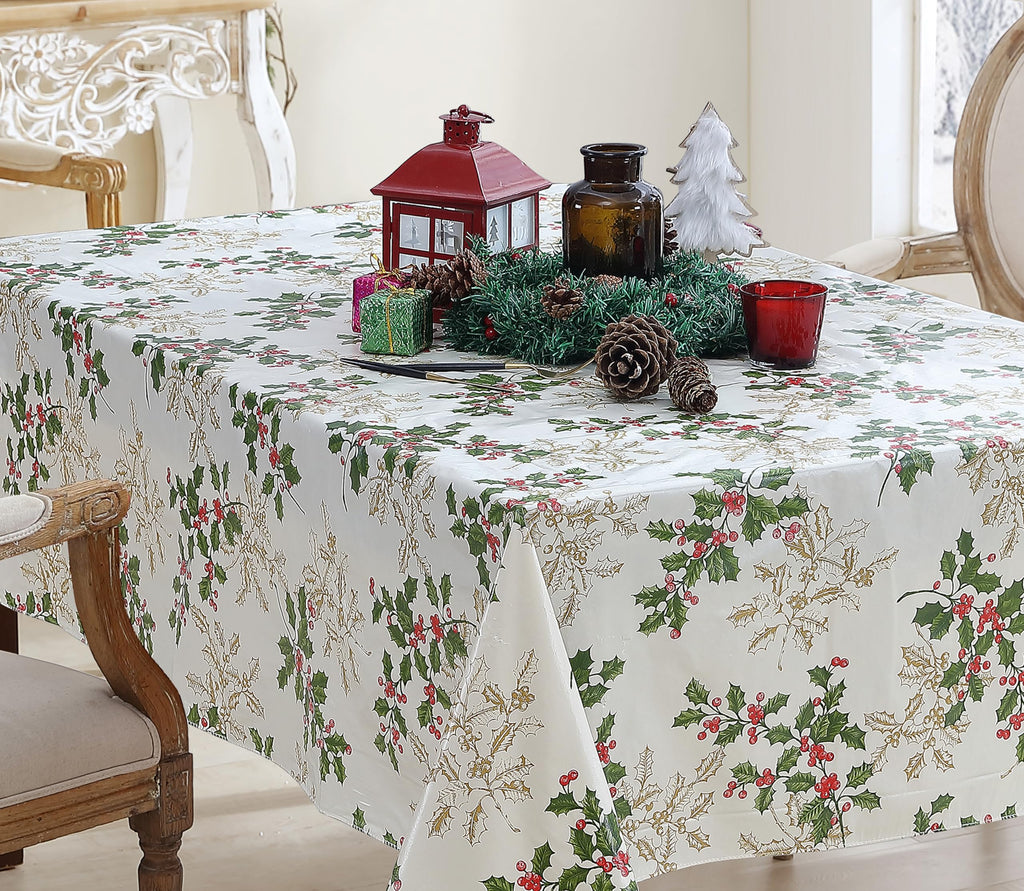 Christmas Ivory Golden Holly 60x84” Rectangle Vinyl Tablecloth