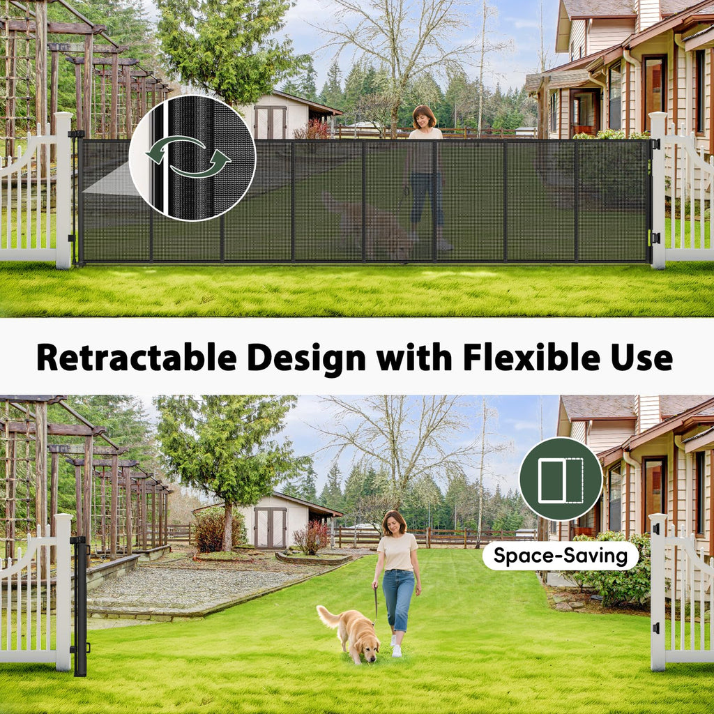 250" Extra-Wide Retractable Indoor Mesh Pet & Child Safety Gate with One-Hand Safety Lock for Wide Openings, Patios & Stairways