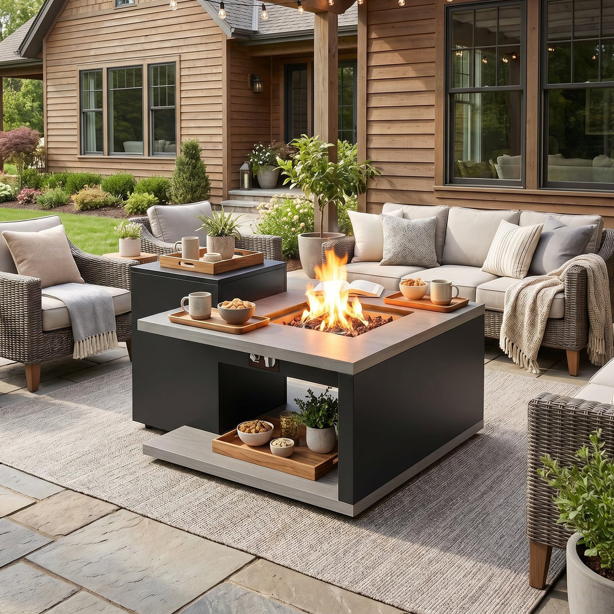 Rectangular Outdoor Fire Table with Propane Tank Cabinet, 50000BTU Aluminum Alloy Fire Pit Table for Patio Grey &