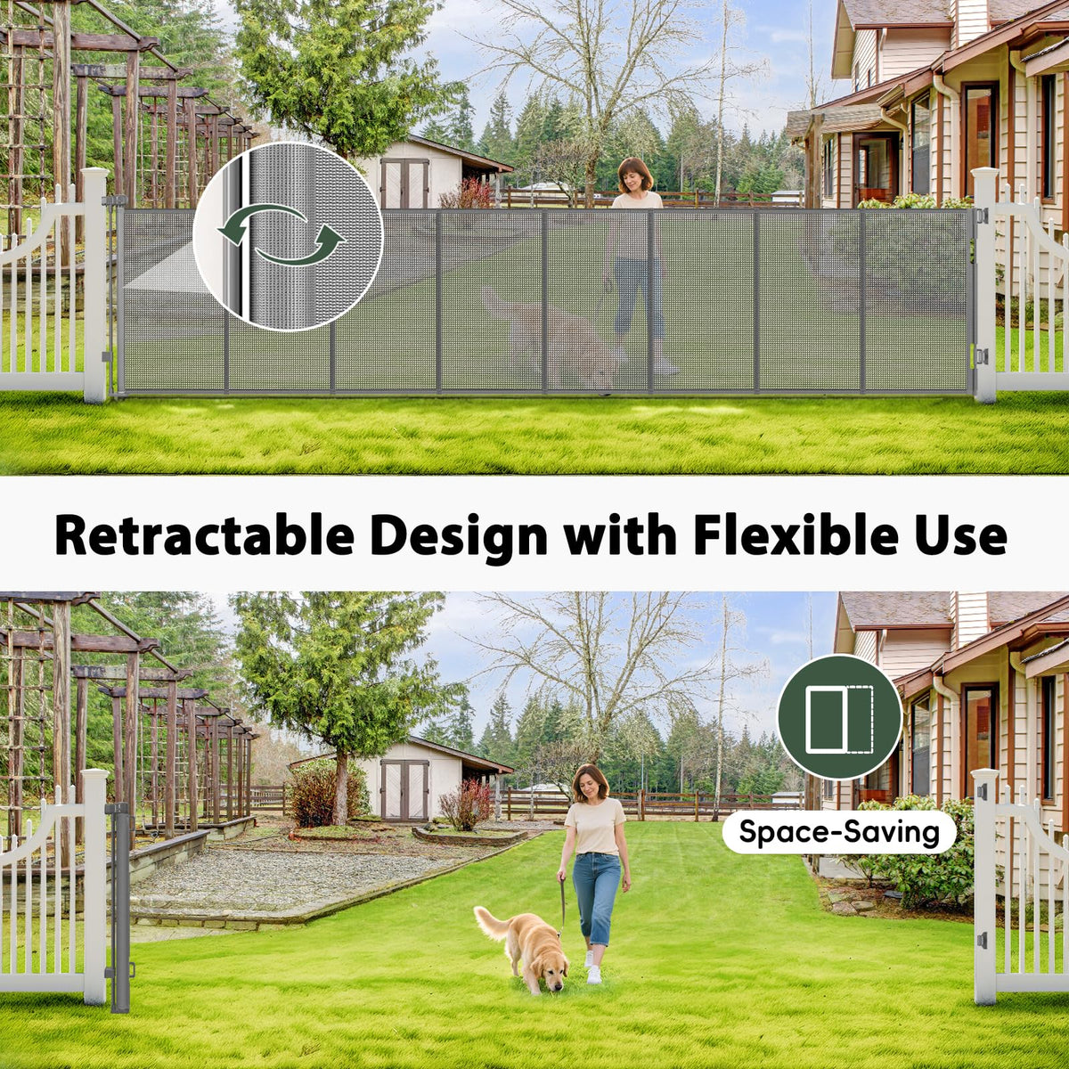 250" Extra-Wide Retractable Indoor/Outdoor Mesh Pet & Child Safety Gate with One-Hand Safety Lock for Wide Openings, Patios & Stairways