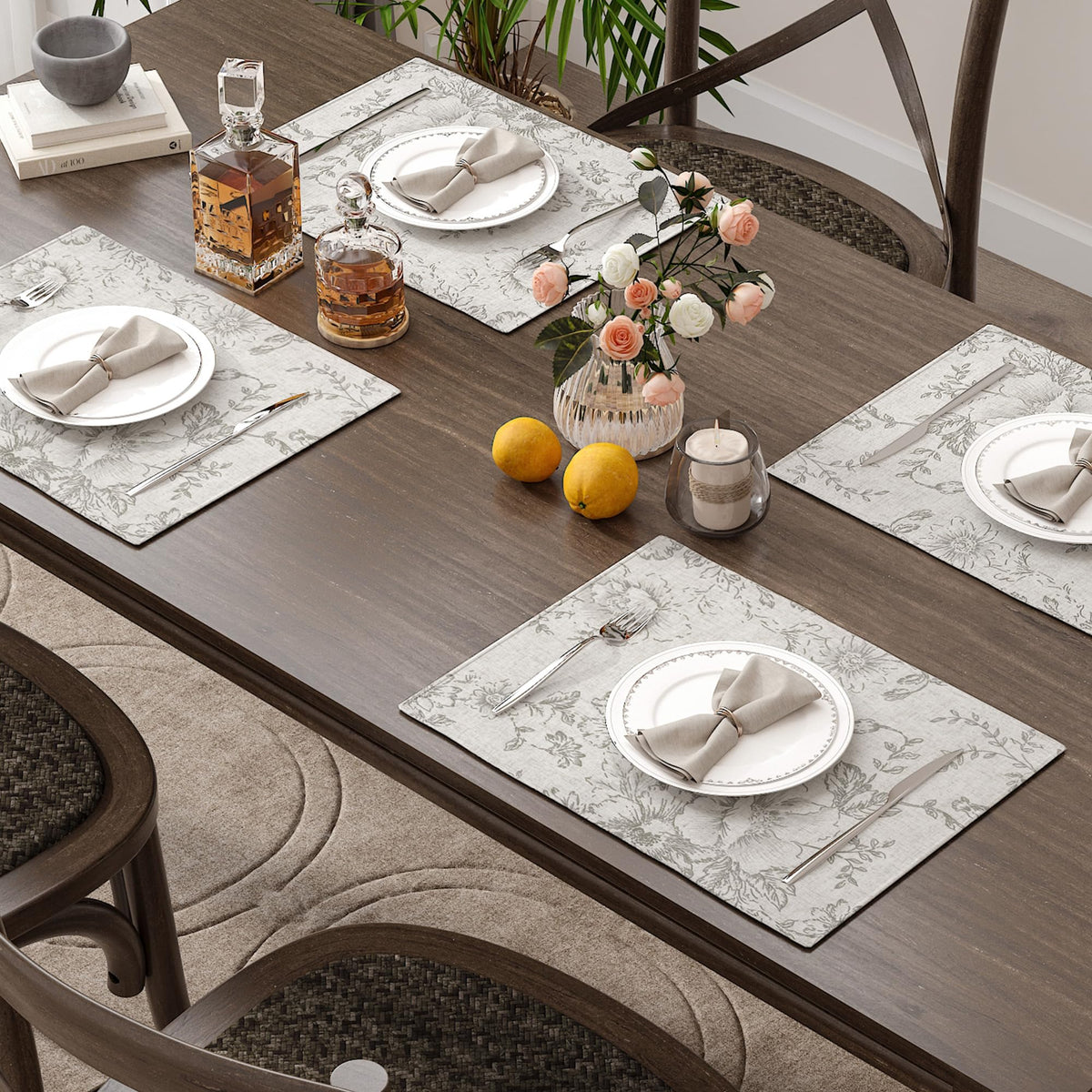 Alice Linen Floral Placemats Set of 4 Farmhouse 13x19 Inch Grey