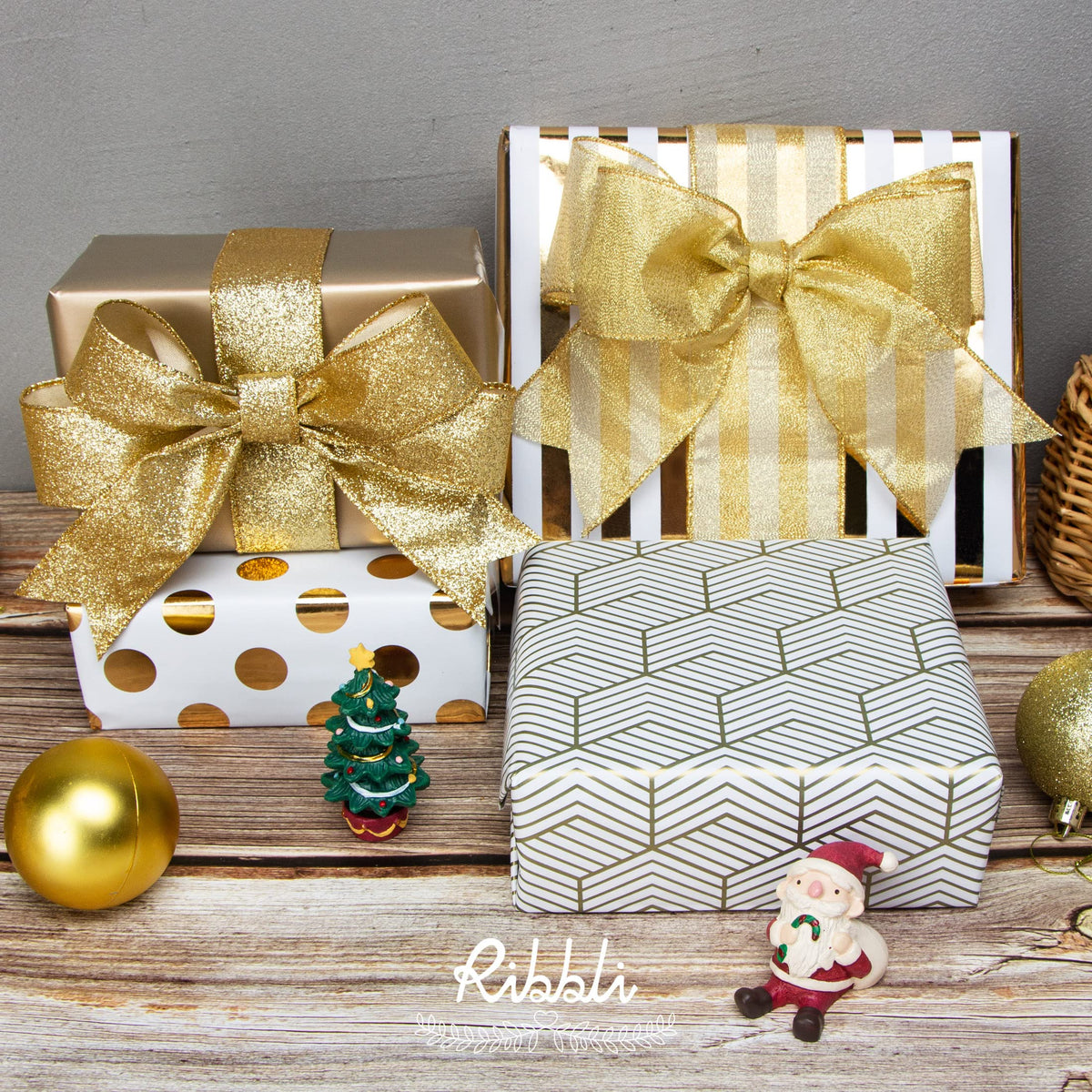 Gold Glitter Wired Ribbon,Gold with Metallic Edge,Christmas Ribbon for Wreath, Christmas Tree Decoration, Gift