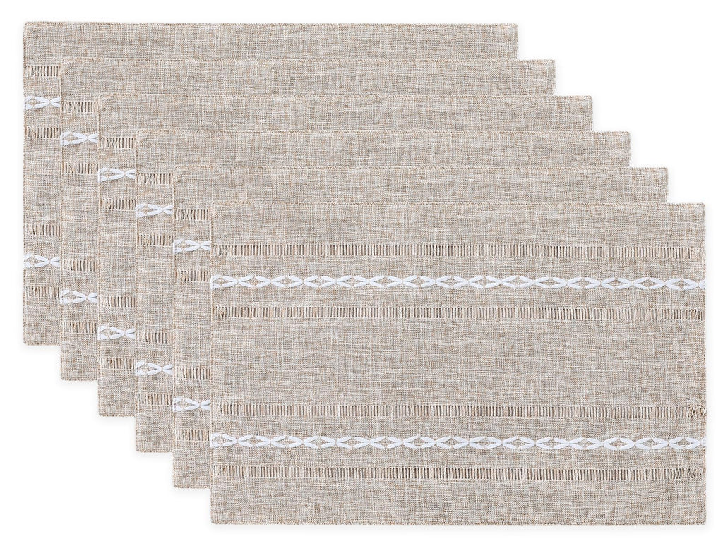 Cotton Linen Place Mats, Brown Embroidered Placemats Set of 6