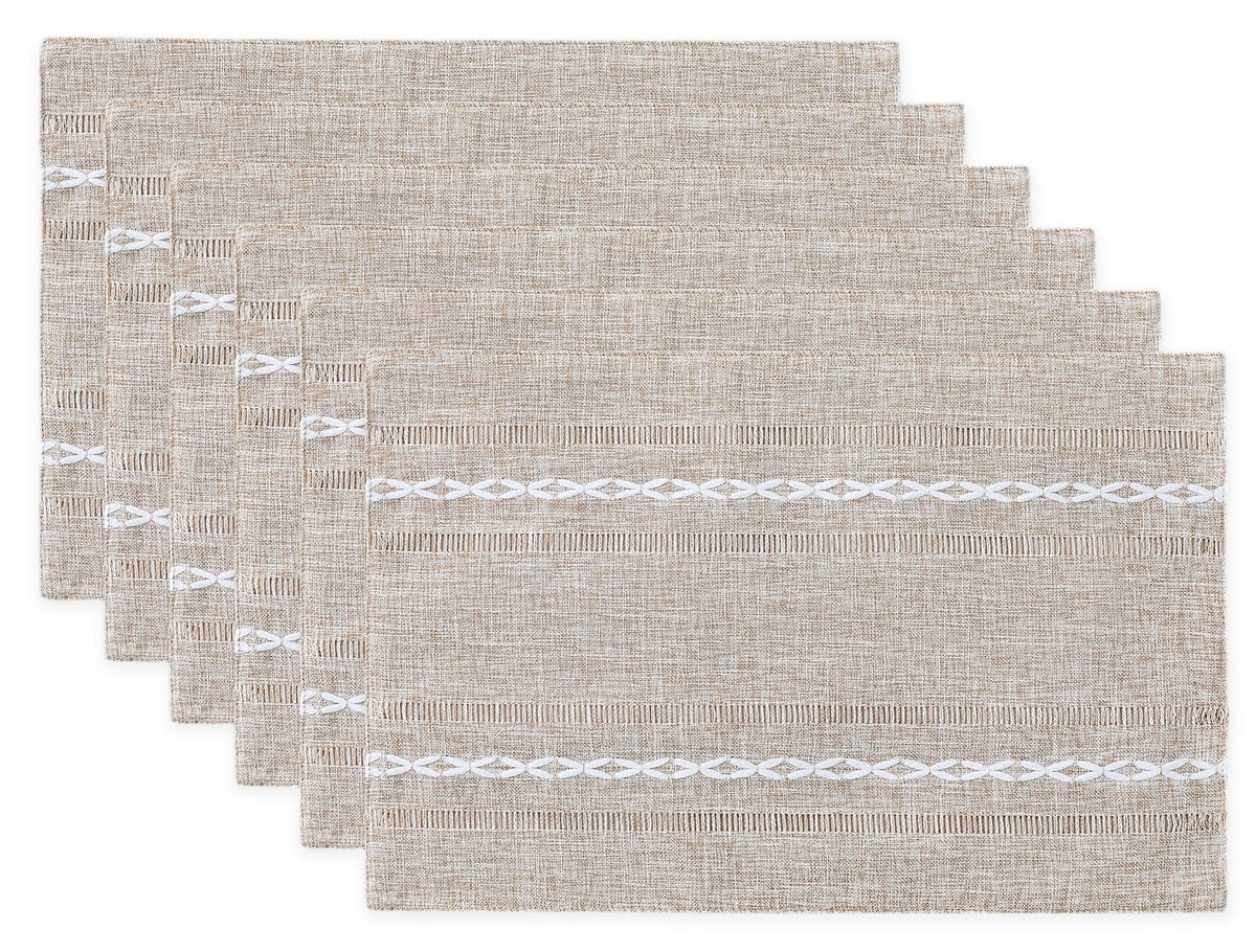 Cotton Linen Place Mats, Brown Embroidered Placemats Set of 6