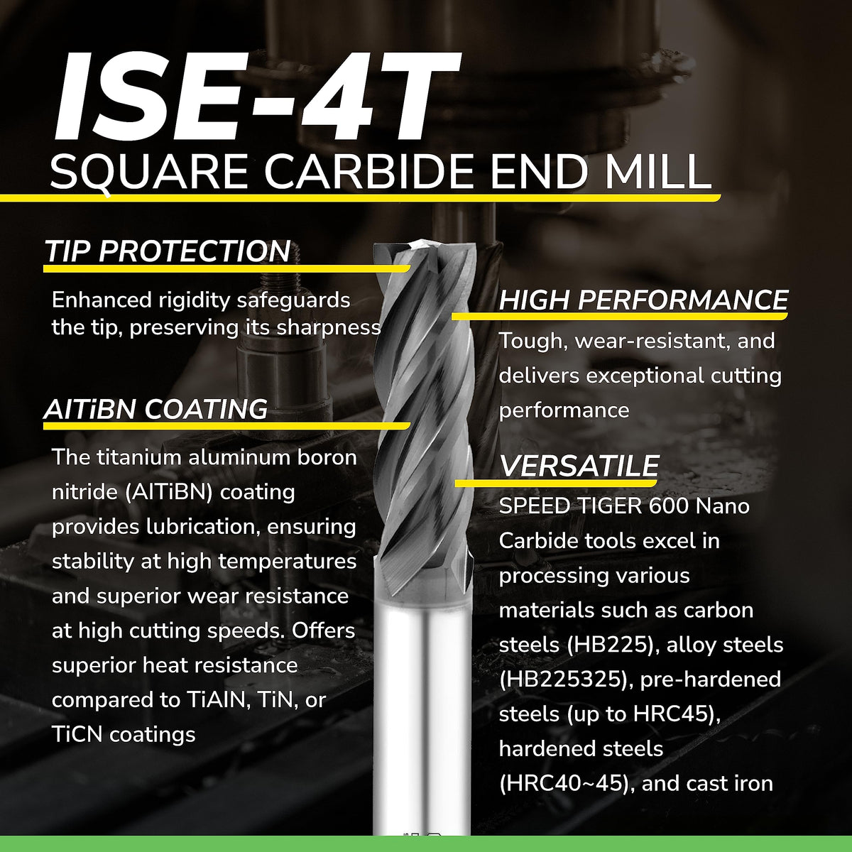 SPEED TIGER Micrograin Carbide Square End Mill - 4 Flute - ISE5/16 4T (1 Piece, 5/16") - for Milling Alloy Steels, Hardened Steel, Metal & More – Mill Bits Sets for DIYers & Professionals