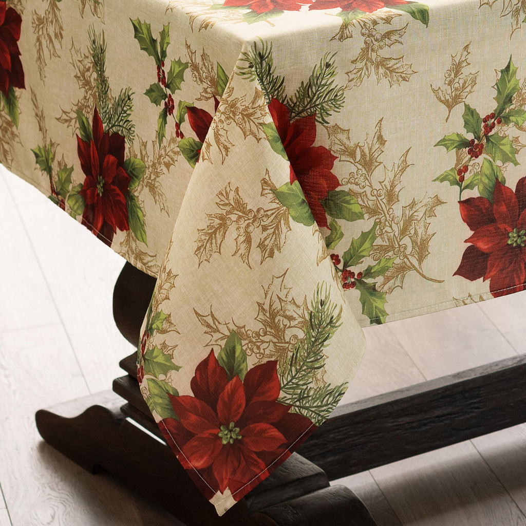 Festive Poinsettia Holiday Fabric Tablecloth, Multicolor - 60" W x 84" L