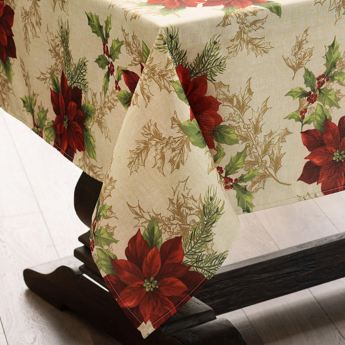 Festive Poinsettia Holiday Fabric Tablecloth, Multicolor - 60" W x 84" L