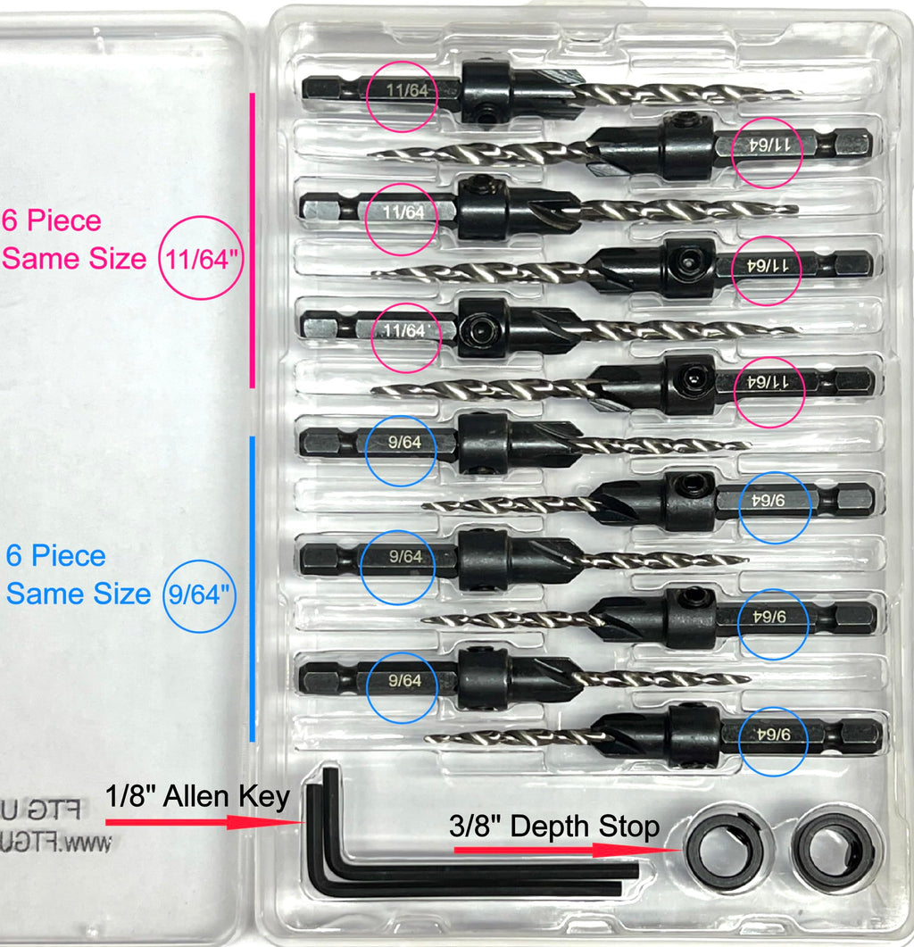 FTG USA 6 Pc #6 (9/64") 6 Pc #8 (11/64") Tapered Countersink Drill Bit Set