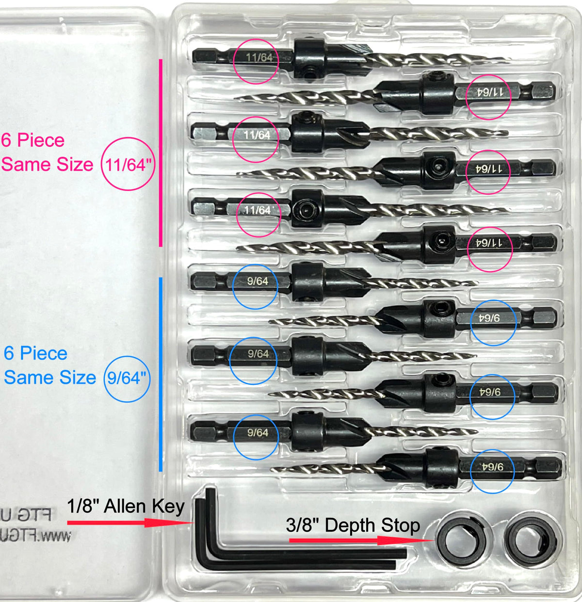 FTG USA 6 Pc #6 (9/64") 6 Pc #8 (11/64") Tapered Countersink Drill Bit Set