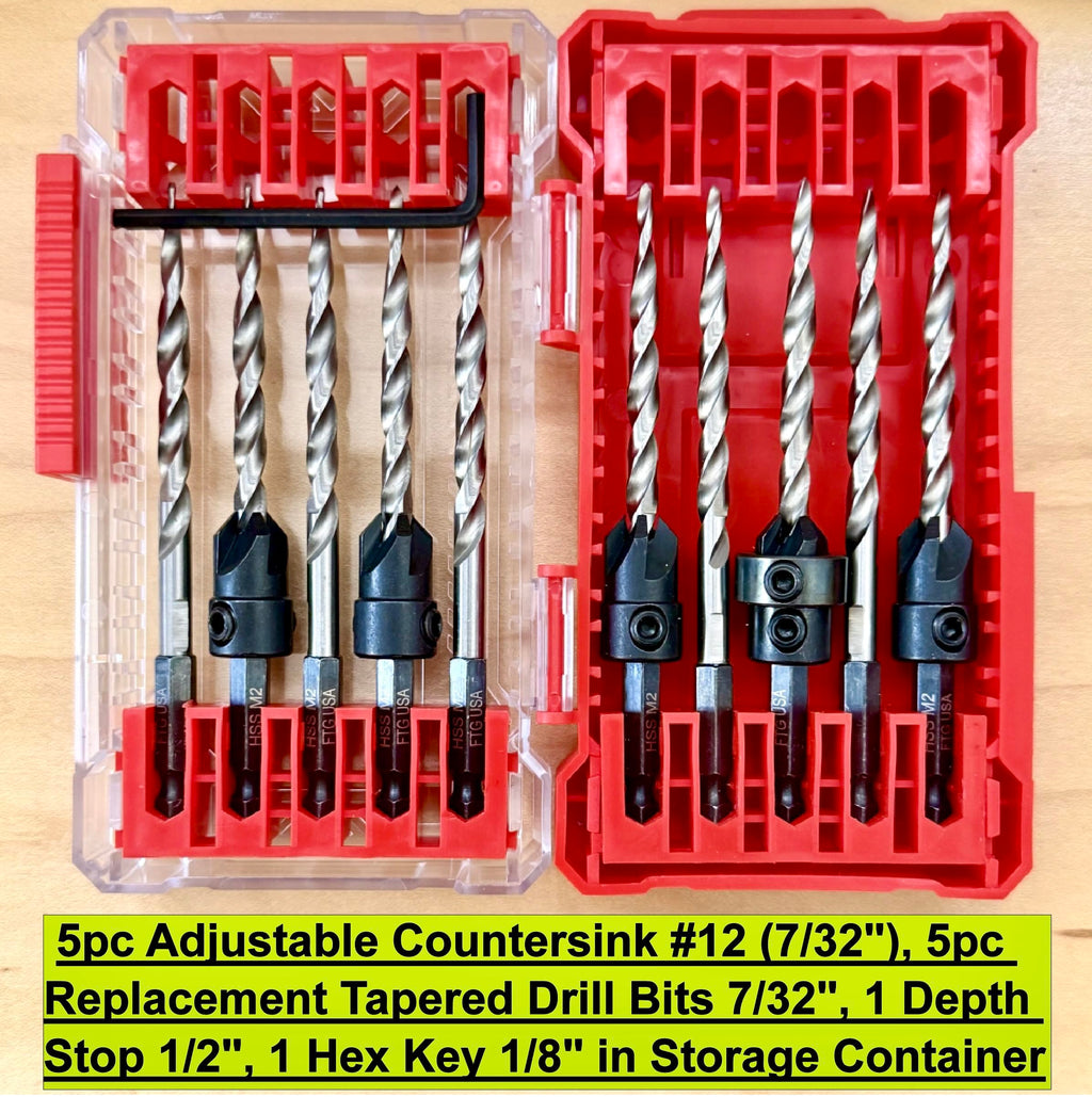 FTG USA 5 Pc #12 (7/32") Countersink Drill Bit Set with 5 Replacement Bits