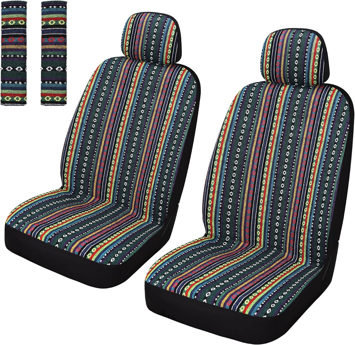 Baja Saddle Blanket Car Seat Covers Front Set with Seat Belt Pads, Washable Breathable Striped Woven Cloth Seat