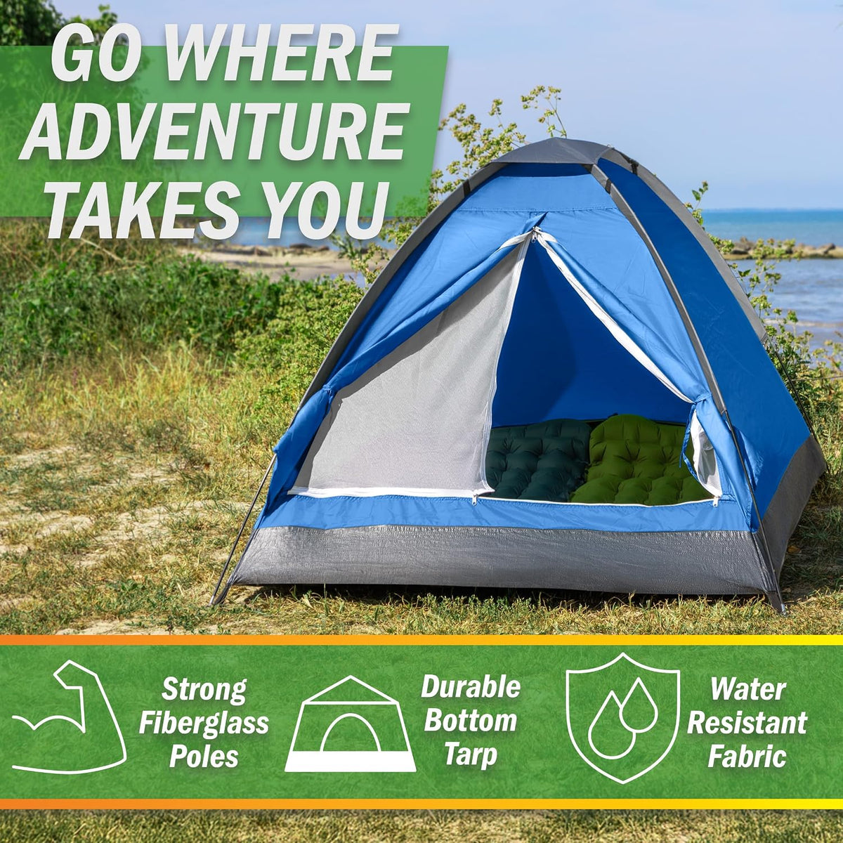 2 Person Camping Tent with Rain Fly and Carrying Bag - Lightweight Outdoor Pop Up Tents for Camping Essentials, Music