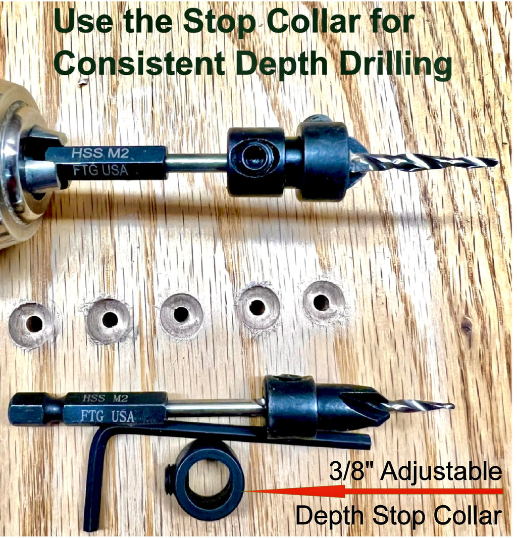 FTG USA #4#6 Tapered Countersink Drill Bit Hex Shank Set with Depth Stops