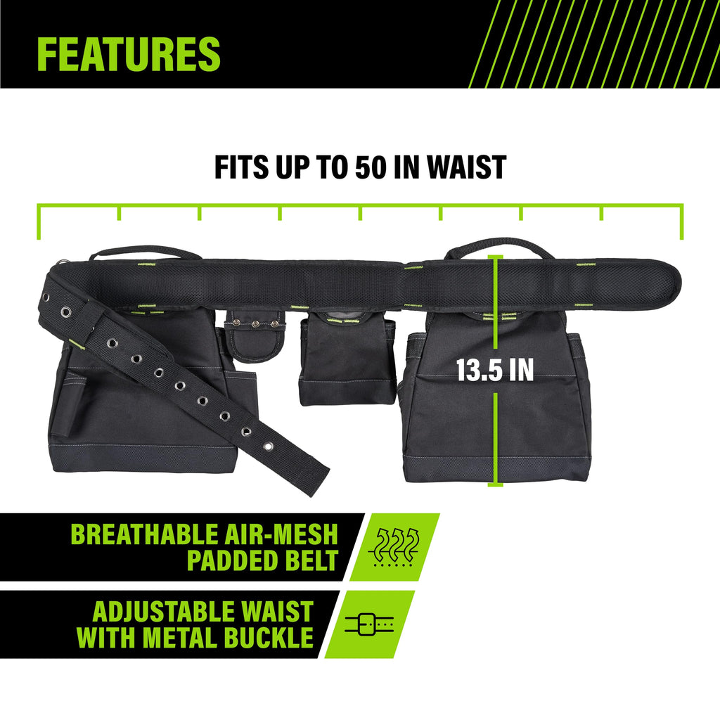 Carpenter Tool Rig, Tool Belt Up to 50in, 1 Pack, Black