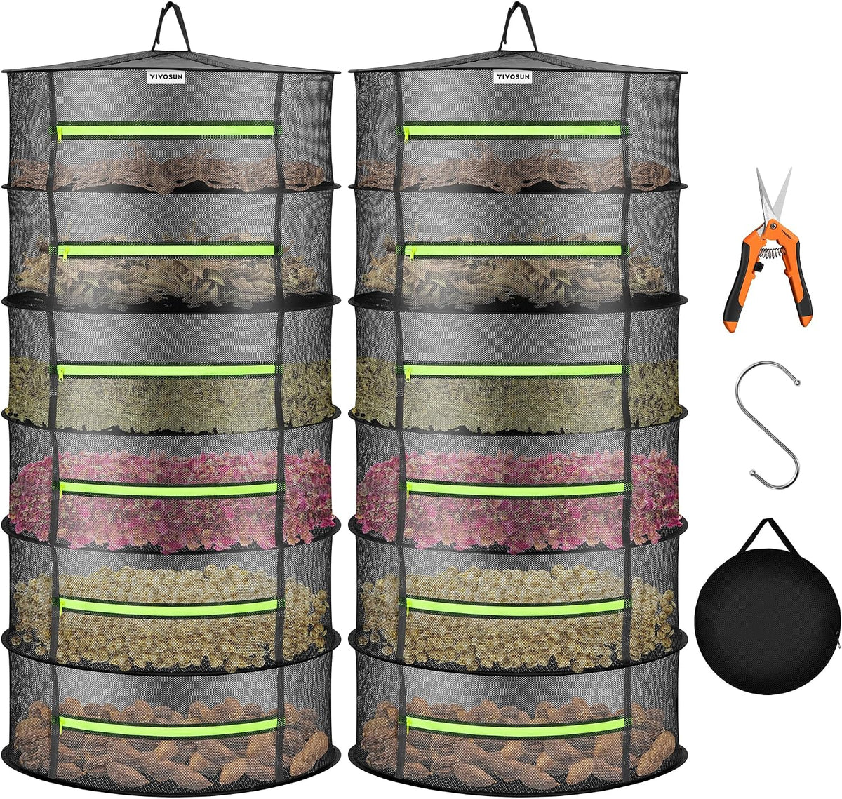 2-Pack 6-Layer Mesh Drying Rack Hanging Design with Green Zippers for Dehydrating, Indoor and Outdoor (Pruning Shears