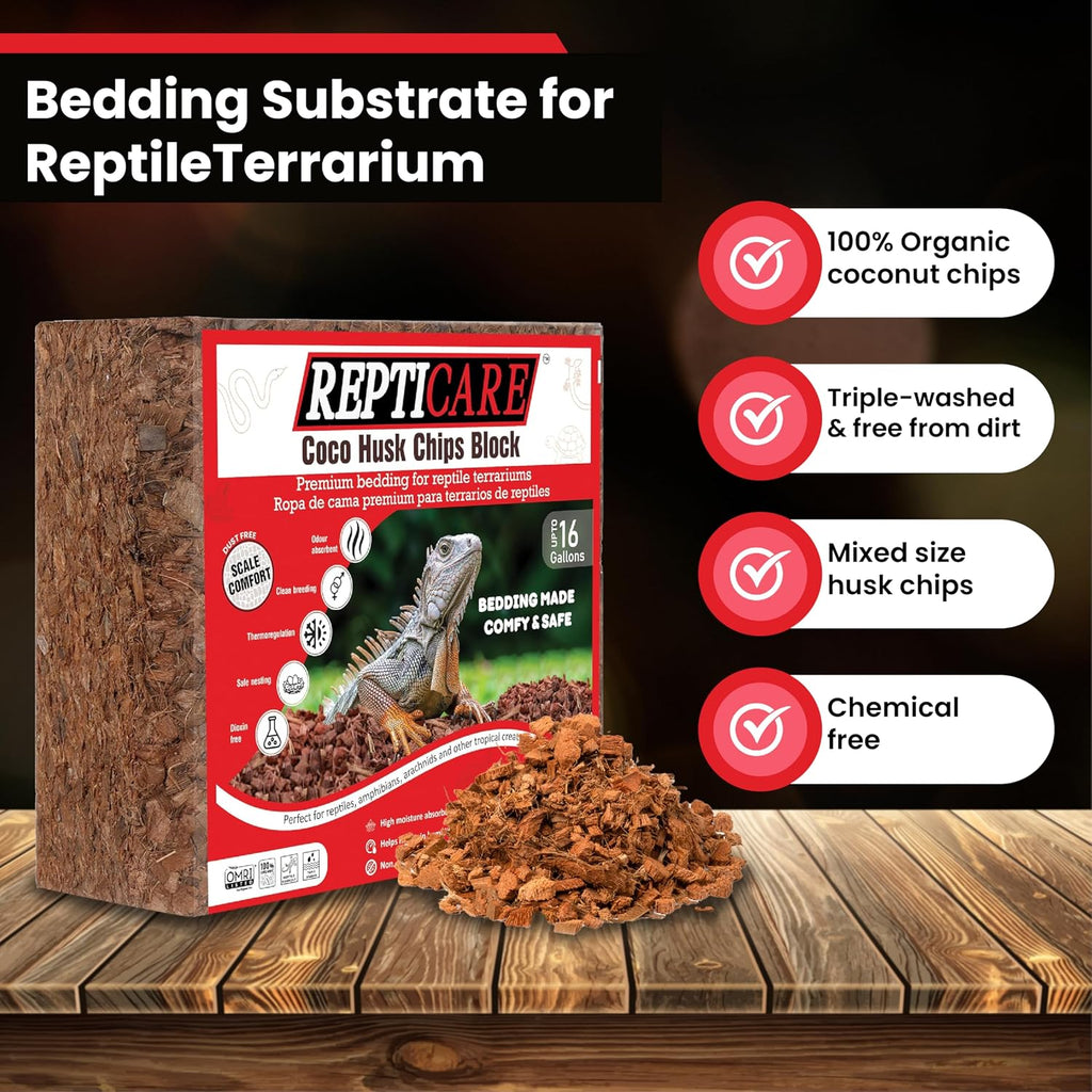 ReptiCare Compressed Coconut Chip Substrate for Reptiles 64 Quart Coco Husk Bedding Block for Ball Pythons, Snakes