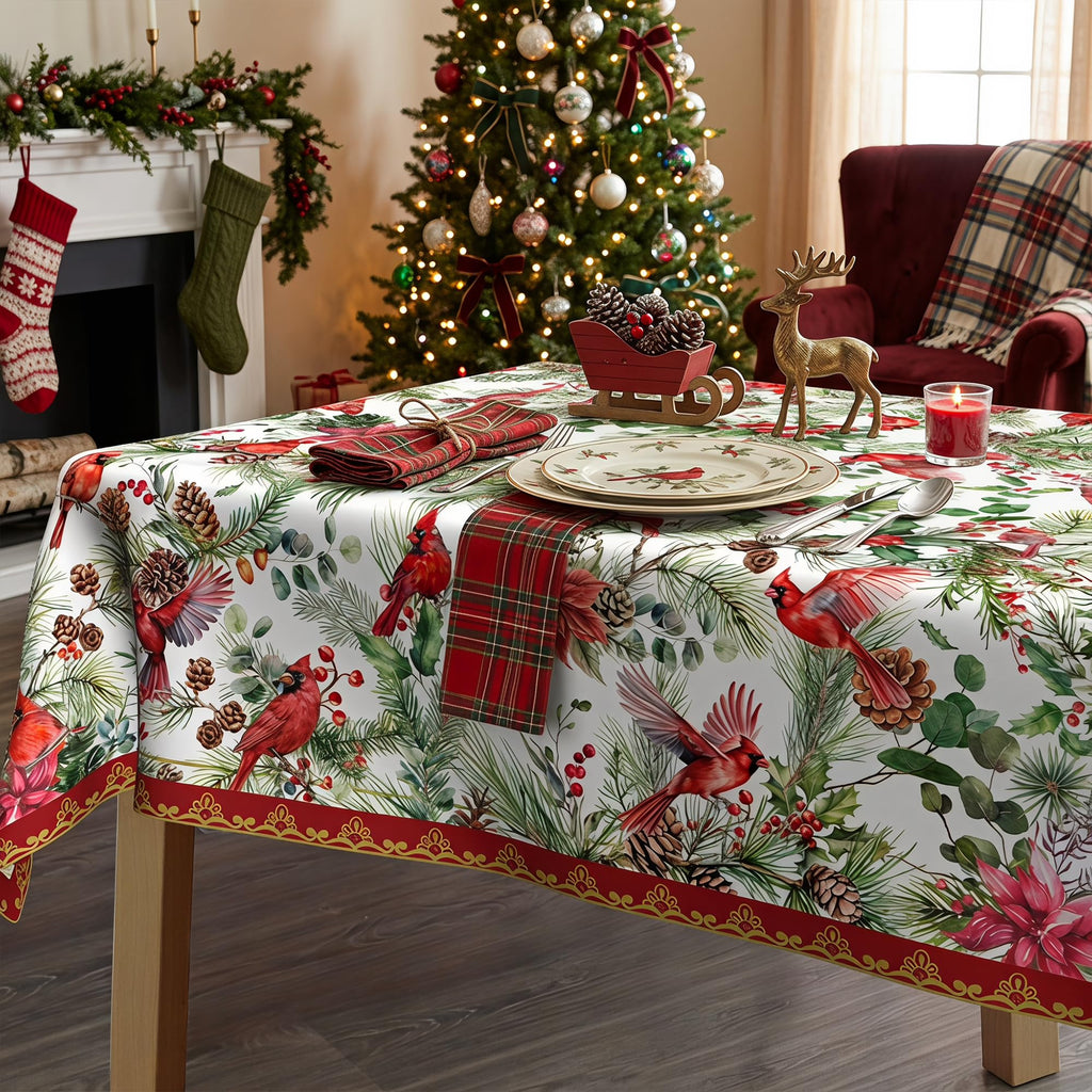 Christmas Tablecloth 60x84 Inch, Red Cardinal & Holly Berry Water Resistant Rectangular Table Cover, Rustic Winter