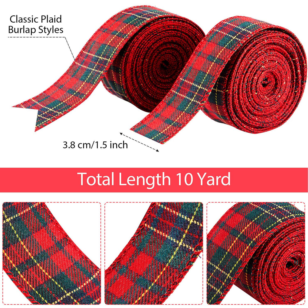 2 Rolls 20 Yards Christmas Plaid Burlap Ribbon Wired Edge Gingham Wrapping Ribbon Red and Green Plaid Ribbon for Xmas