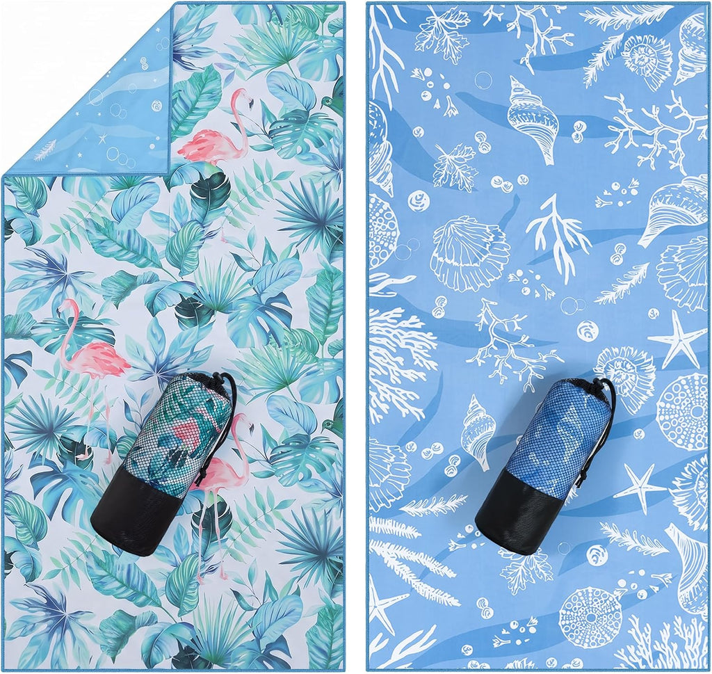 Thin Microfiber Beach Towel 2 Pack 32x71 Inch, Lightweight | Sand Free, Absorbent, Extra Large, Compact, With Travel