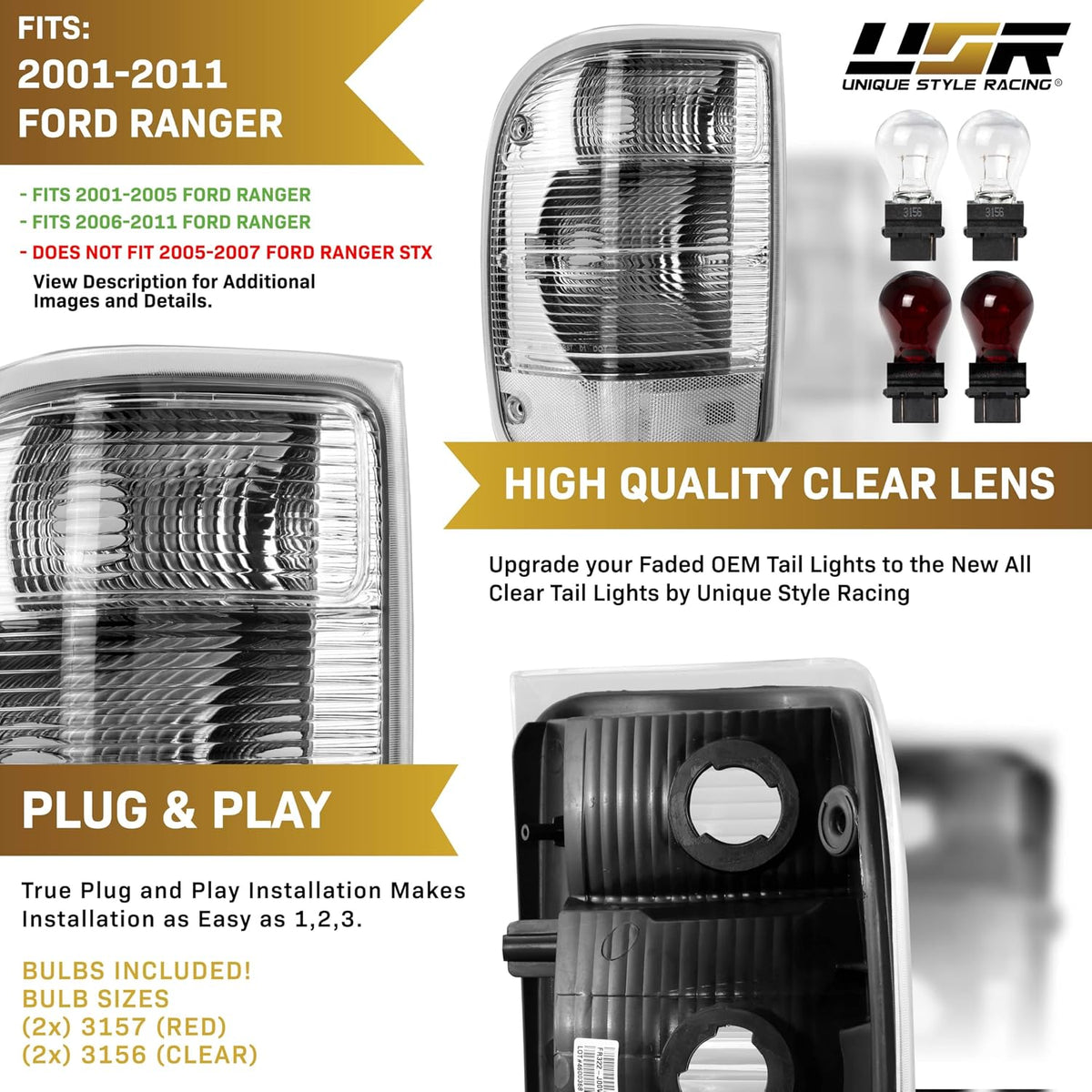 USR UNIQUE STYLE RACING 01-05 PJ PickUp Tail Light – Rear Lamps (Left + Right) Pair - Compatible with 2001-2005 Ford Ranger Pick Up Truck with Standard Bed - 3rd Gen (CLEAR LENS with COLOR BULBS)