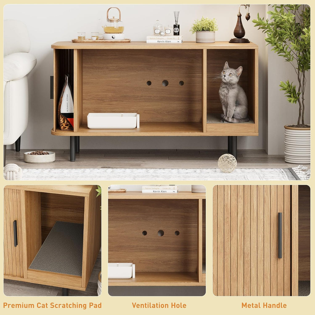 37.4" Cat Litter Box Enclosure with Scratch Pad, Sliding Door