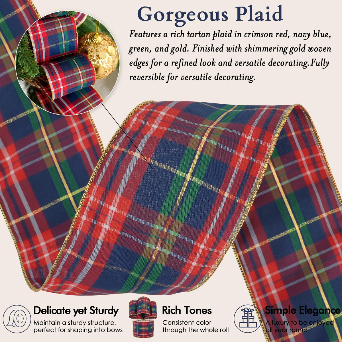 Christmas Crimson & Navy Blue Metallic Plaid Wired Ribbon 4" x 25 Yards
