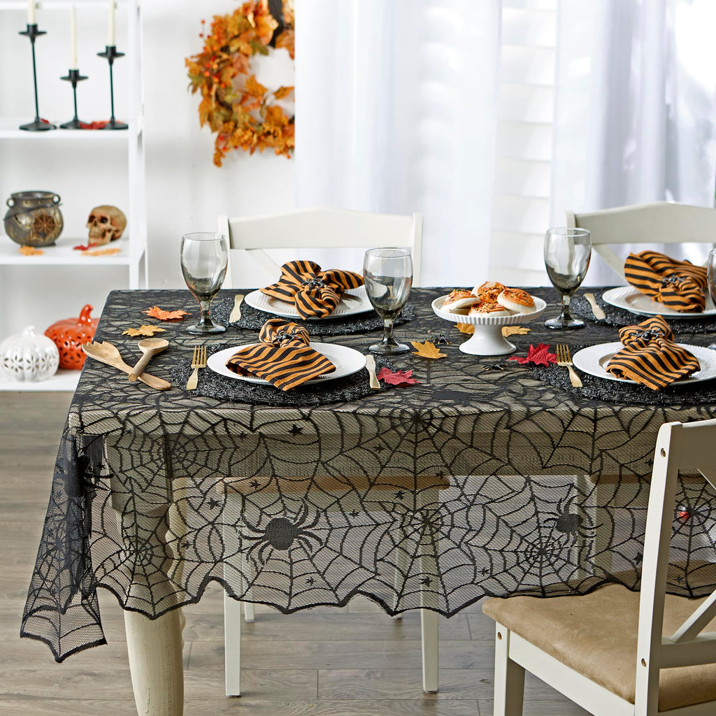 Black Lace Overlay Tabletop Collection Gothic Halloween Decor, Tablecloth, 54x72, Spider Web