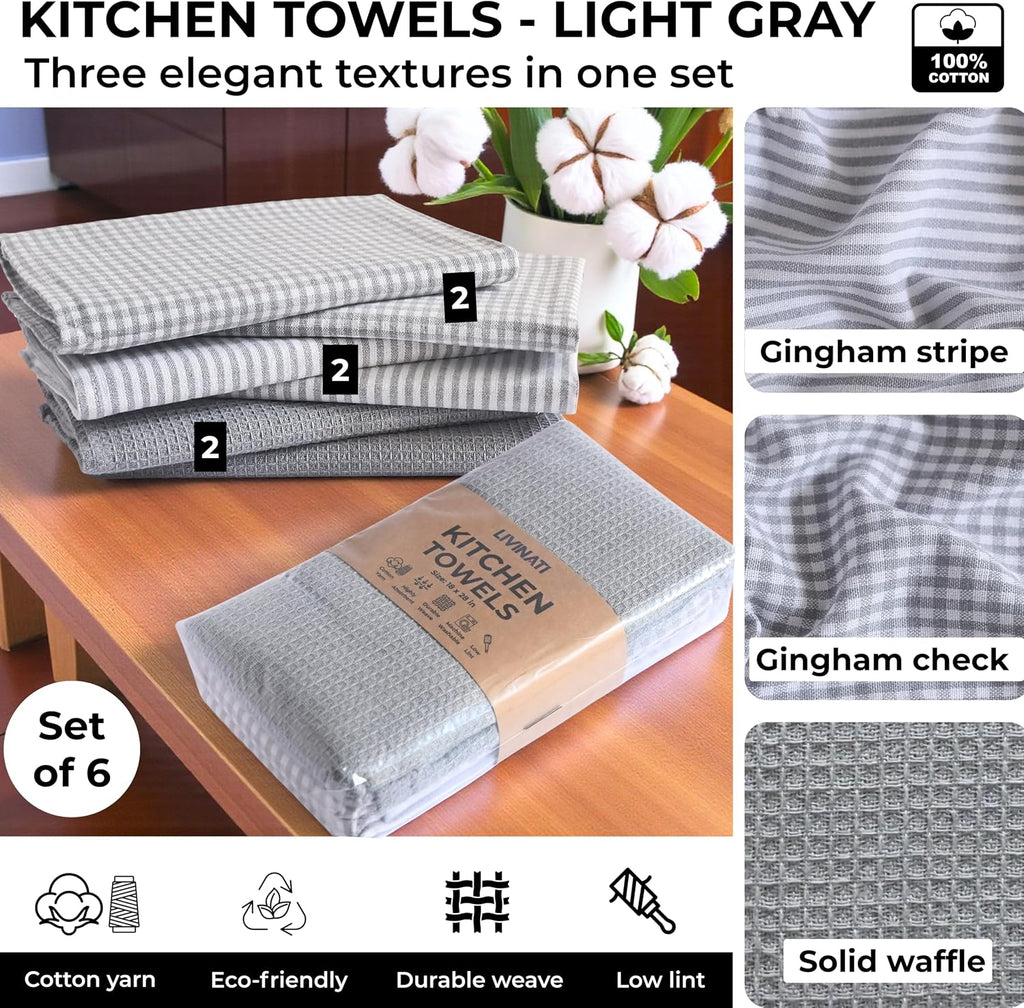 Cotton Dish Towels For Kitchen Drying - Highly Absorbent Light Gray Striped Gingham Plaid Tea Towels - 18"X28" Set Of