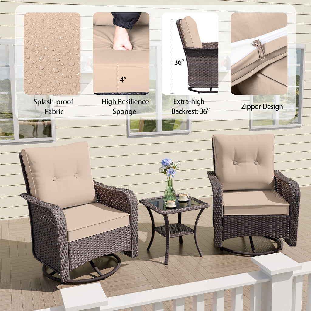 7-Piece Outdoor Swivel Rocking Chair Set with 40,000 BTU Round Fire Pit Table, Patio Furniture Set, Wicker Patio