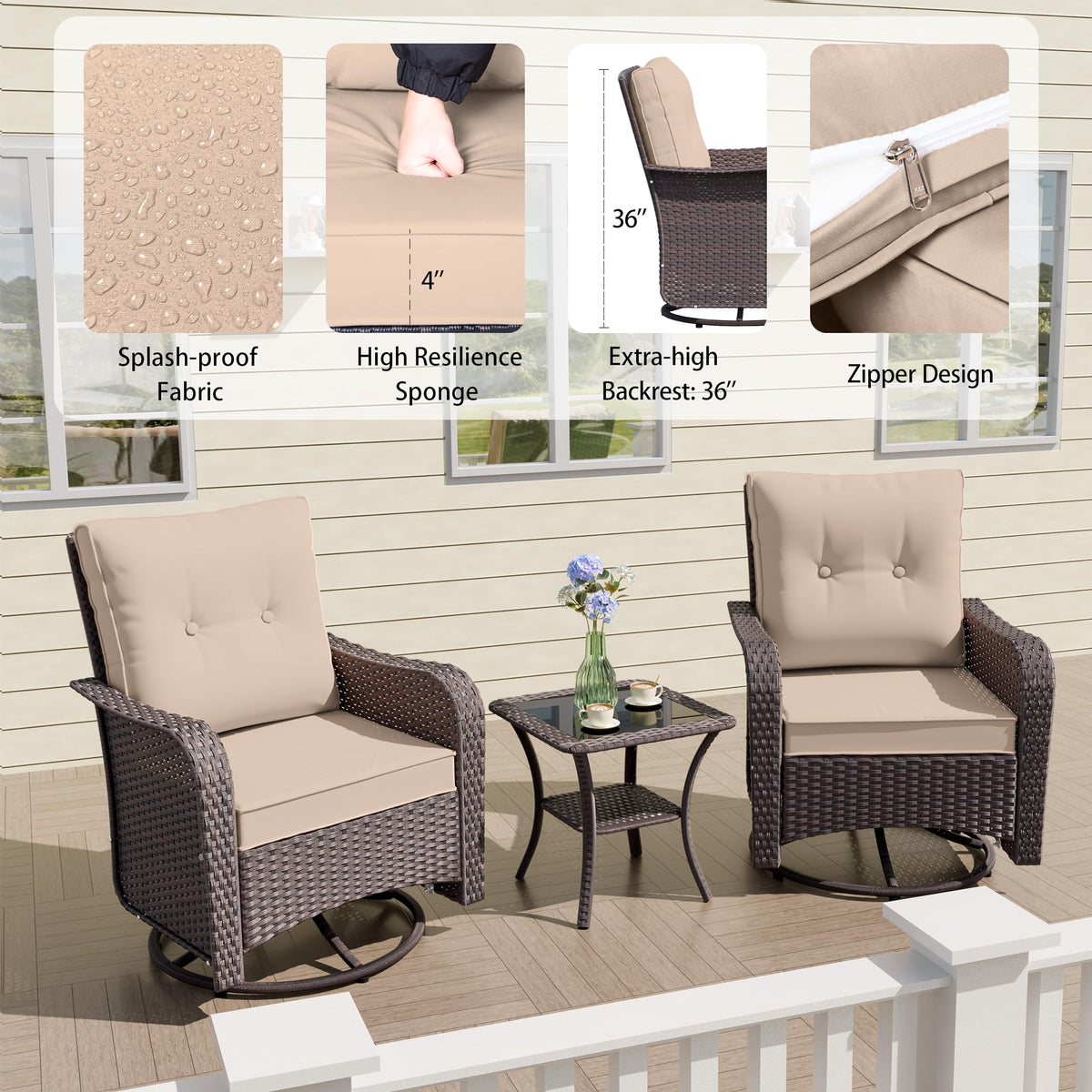 7-Piece Outdoor Swivel Rocking Chair Set with 40,000 BTU Round Fire Pit Table, Patio Furniture Set, Wicker Patio
