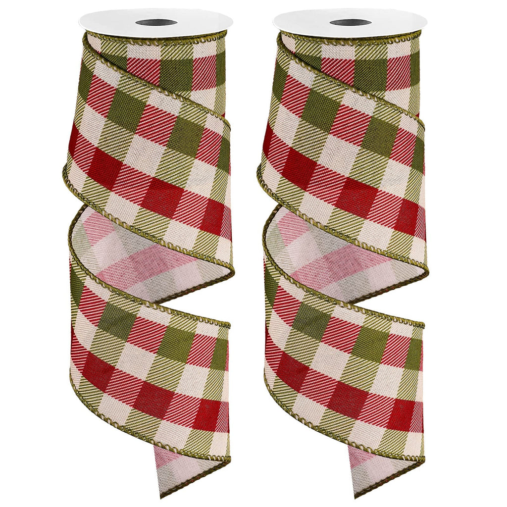 2 Rolls Wired Edge Plaids Ribbon - Christmas Buffalo Check Red Green