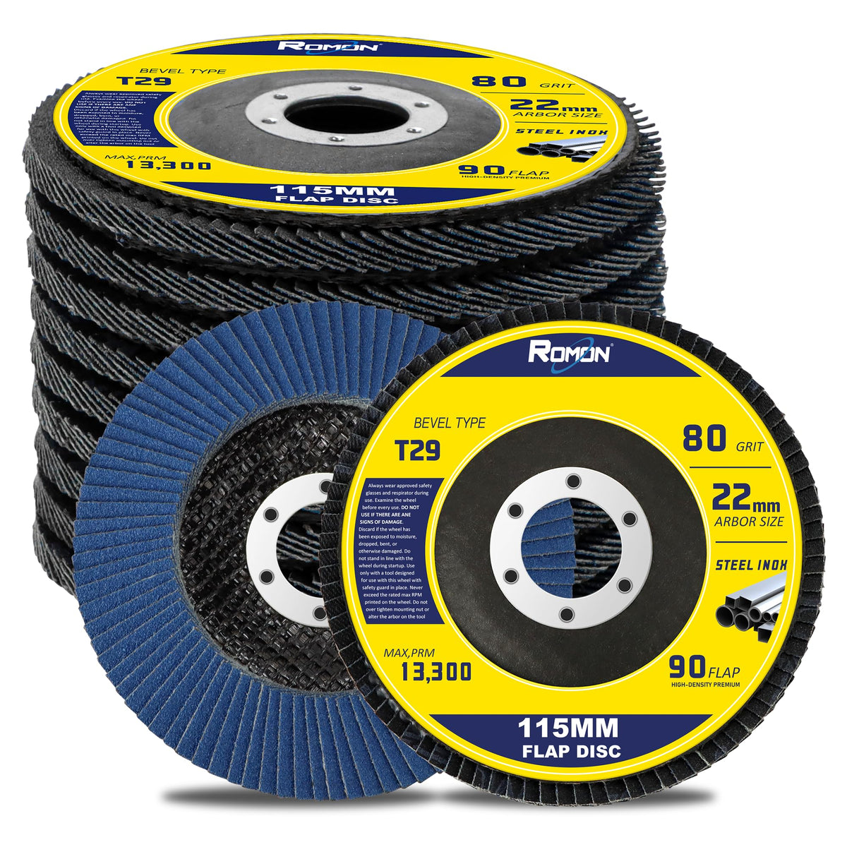ROMON Flap Discs 80 Grit, 4 1/2 x 7/8-Inch Flap Sanding Disc, Industrial Grade Type 29 Zirconia Grinding Wheel Aluminum, Oxide Abrasives for Stainless Steel, Sheet Metal (10 Pack)