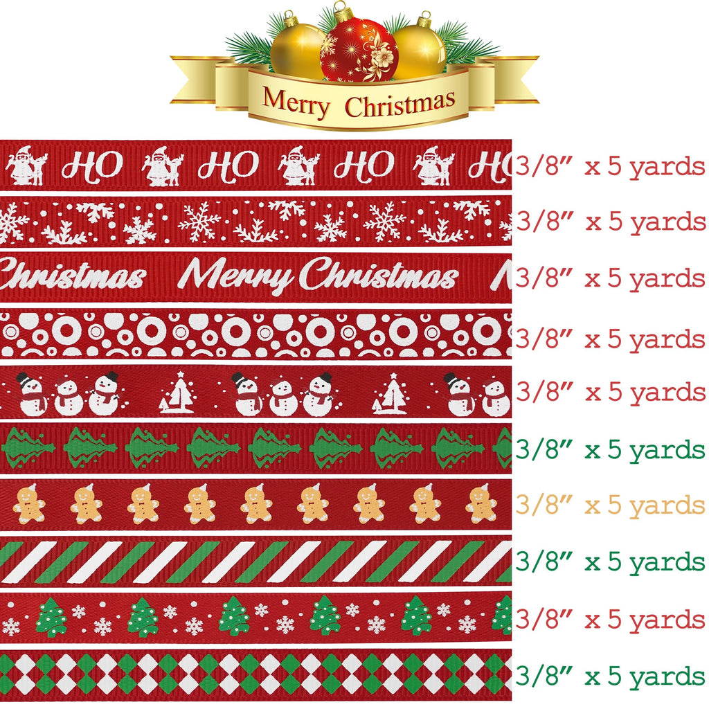 3/8 inch 100 Yards Assorted Christmas Ribbon - Pack of 20 in Red