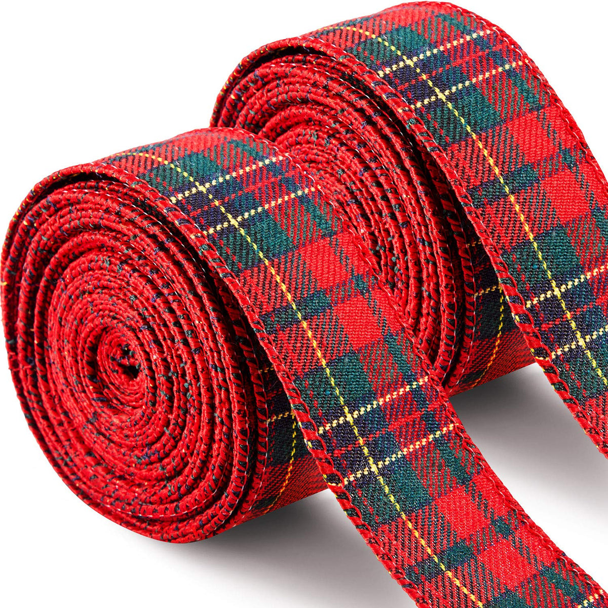 2 Rolls 20 Yards Christmas Plaid Burlap Ribbon Wired Edge Gingham Wrapping Ribbon Red and Green Plaid Ribbon for Xmas